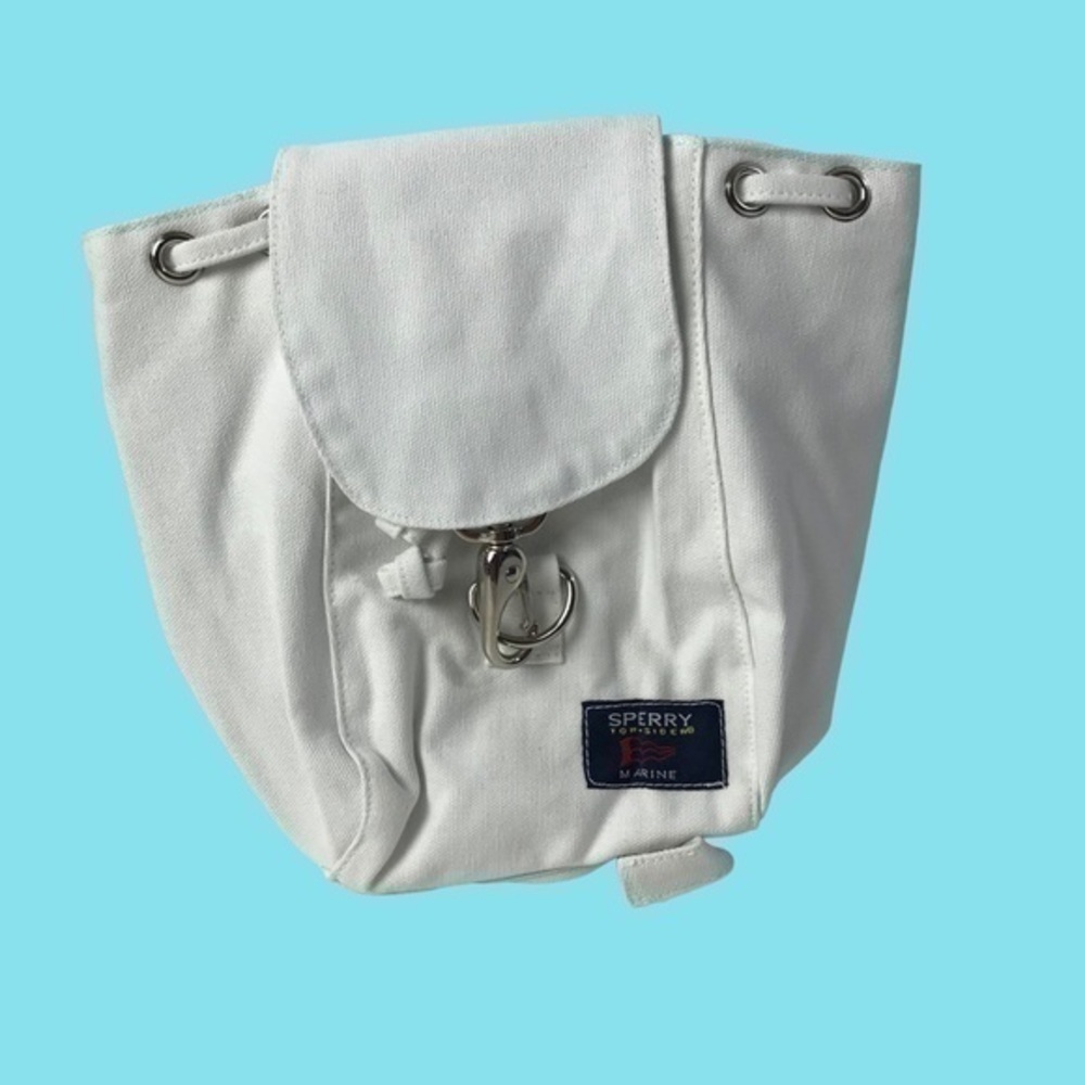 Sperry Top Sider MARINE White canvas mini backpack with drawstring, hook closure
